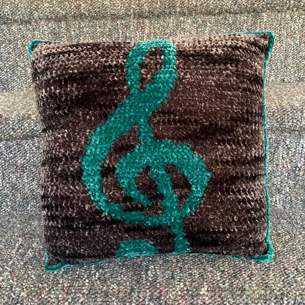 NEW Handmade crochet velvet 14x14 treble clef throw pillow